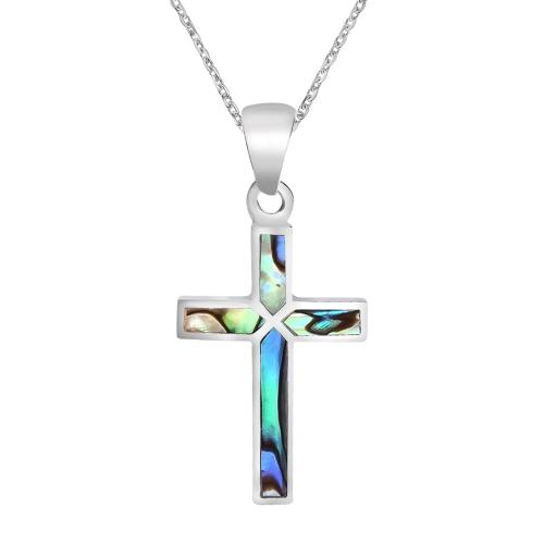 Stainless Steel Jewelry Necklace, 304 Stainless Steel, with Abalone Shell, with 5cm extender chain, Cross, fashion jewelry & for woman, silver color, 16x31mm, Length:Approx 45 cm, Sold By PC