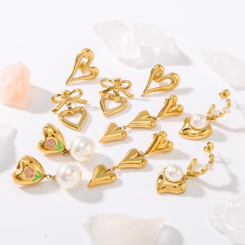Stainless Steel Drop Earring, 304 Stainless Steel, with Plastic Pearl, gold color plated, different styles for choice & for woman & enamel, more colors for choice, Sold By Pair