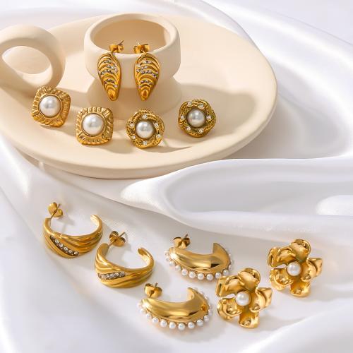 Edelstahl Ohrringe, 304 Edelstahl, mit Kunststoff Perlen, goldfarben plattiert, verschiedene Stile für Wahl & Micro pave Zirkonia & für Frau, keine, verkauft von Paar