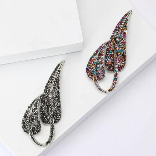 Tibetan Style Brooches, Leaf, silver color plated, for woman & with rhinestone, more colors for choice, nickel, lead & cadmium free, Sold By PC