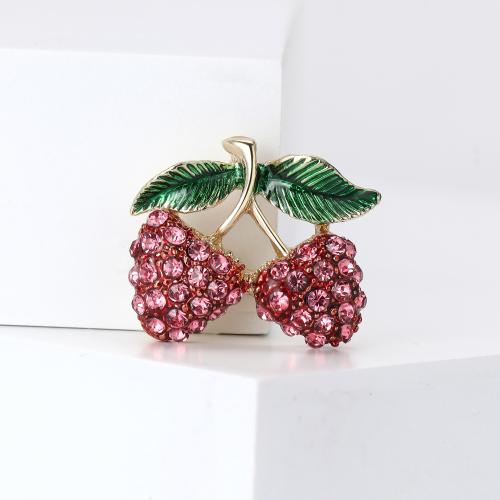 Tibetan Style Brooches, Strawberry, gold color plated, for woman & with rhinestone, red, nickel, lead & cadmium free, Sold By PC
