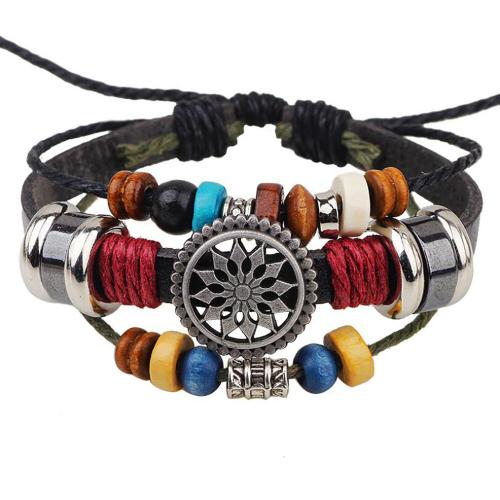 PU Leather Cord Bracelets, with Wood & Tibetan Style, fashion jewelry & Unisex, more colors for choice, strip is 0.6CM wide and 17CM long, and the drawstring is 9-10 cm long, Sold By PC