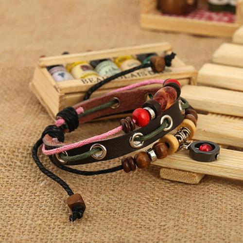 PU Leather Cord Bracelets, with Wood & Tibetan Style, fashion jewelry & Unisex, more colors for choice, strip is 0.8CM wide, 17CM long, and the drawstring is 9-10CM long, Sold By PC