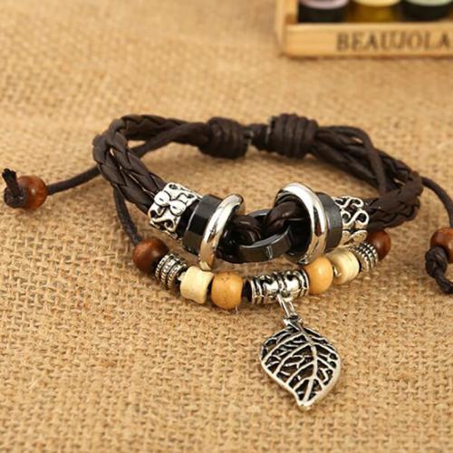 PU Leather Cord Bracelets, with Wood & Tibetan Style, fashion jewelry & multilayer & Unisex, more colors for choice, 17CM long, pull rope length 9-10CM, Sold By PC