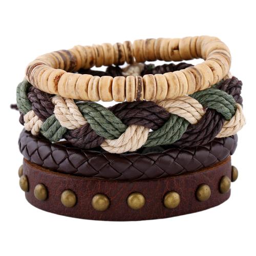 PU Leather Cord Bracelets, with Linen & Coco & Tibetan Style, 4 pieces & fashion jewelry & Unisex, mixed colors, Diameter of about 6CM, woven bracelet flat 17-18CM, Sold By PC