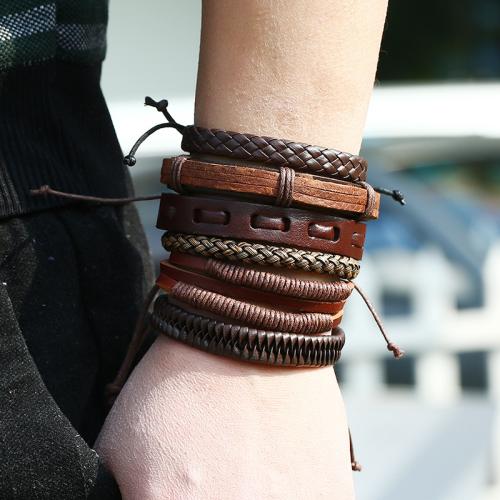 PU Leather Cord Bracelets, with Wax Cord, 6 pieces & fashion jewelry & Unisex, mixed colors, The diameter is about 6CM, the tiling length is 17-18CM, and the drawstring length is 8-9CM, Sold By Set