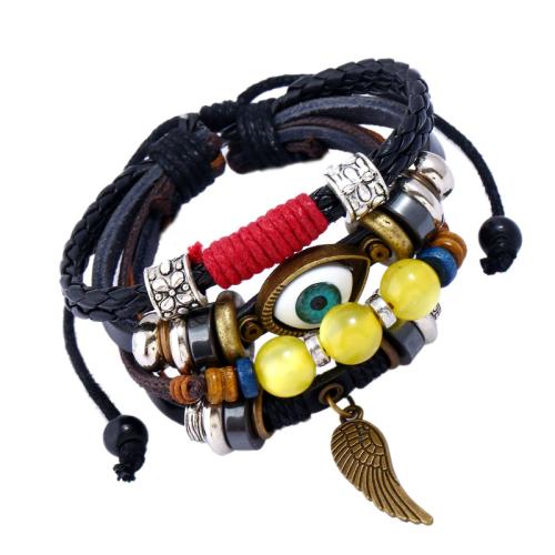 PU Leather Cord Bracelets, with Wax Cord & Hematite & Copper Coated Plastic & Tibetan Style, fashion jewelry & Unisex, mixed colors, The length of the leather is about 17CM, and the length of the drawstring is 8-9CM, Sold By PC