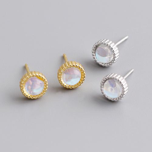 925 Sterling Silver Stud Earrings, with Moonstone, for woman, more colors for choice, 6.80mm, Sold By Pair