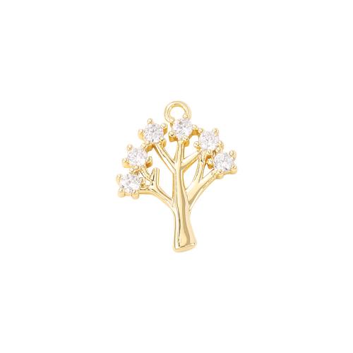 Cubic Zirconia Micro Pave Brass Pendant, Tree, real gold plated, DIY & micro pave cubic zirconia, golden, 11x13mm, Sold By PC