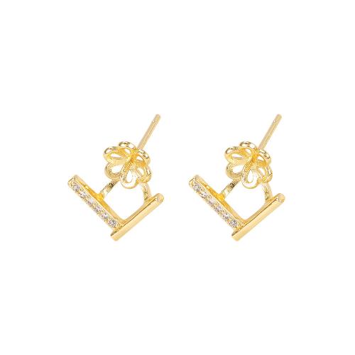 Brass Earring Stud Component, real gold plated, DIY & micro pave cubic zirconia, golden, 12x12mm, Sold By Pair