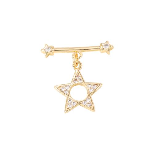 Brass Toggle Clasp, Star, real gold plated, DIY & micro pave cubic zirconia, golden, O fasteners 13x13mm T fasteners 20x4mm, Sold By PC