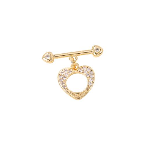 Brass Toggle Clasp, Heart, real gold plated, DIY & micro pave cubic zirconia, golden, O buckle 12x12mm T buckle 20x4mm, Sold By PC