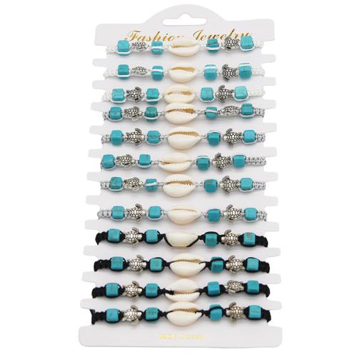 Bracelet en alliage de zinc, avec turquoise & coquille, 12 pièces & unisexe & styles différents pour le choix, plus de couleurs à choisir, Longueur:Environ 16 cm, Vendu par fixé