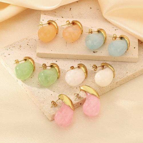 Stainless Steel Stud Earrings, 304 Stainless Steel, with Resin, Teardrop, Vacuum Ion Plating, for woman, more colors for choice, Sold By Pair
