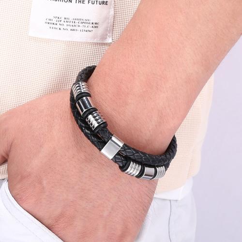PU Leather Cord Bracelets 316 Stainless Steel with PU Leather Vacuum Ion Plating Double Layer & Unisex Sold By PC