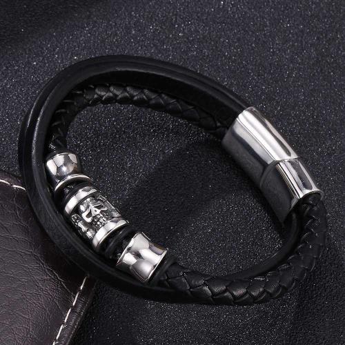PU Leather Cord Bracelets, 304 Stainless Steel, with PU Leather, Vacuum Ion Plating, three layers & different size for choice & for man, more colors for choice, Sold By PC