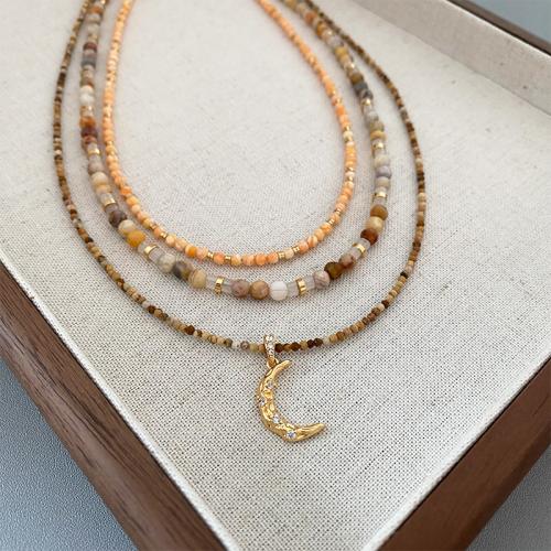 Natural Stone Necklace with Brass with 3.15inch extender chain Moon handmade three pieces & for woman & with rhinestone Length Approx 15 Inch Sold By Set
