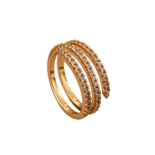 Латунь Манжеты палец кольцо, плакирован золотом, три слоя & инкрустированное микро кубического циркония & Женский, размер:6-8, продается PC