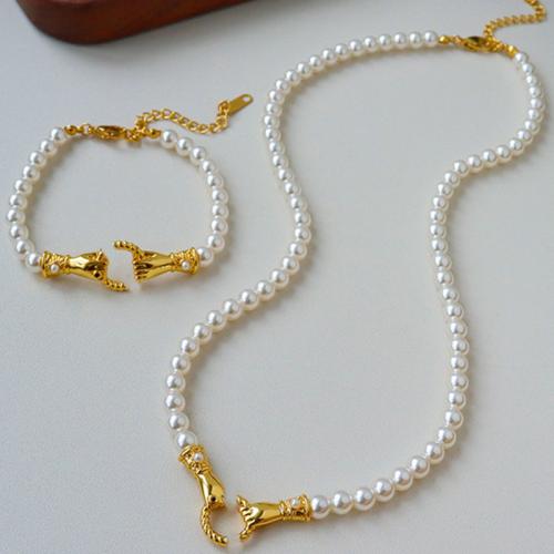 Perlas de vidrio Pulsera y collar, con metal, Mano, chapado en color dorado, diferentes estilos para la opción & para mujer, Vendido por UD