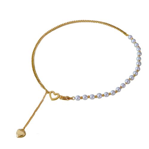 Brass Necklace, with Glass Pearl, with 2inch extender chain, Heart, gold color plated, for woman & hollow, Length:Approx 16.1 Inch, Sold By PC