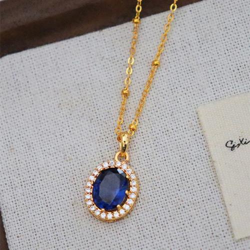 Brass Necklace, with 2.36inch extender chain, Oval, gold color plated, micro pave cubic zirconia & for woman, Length:Approx 15 Inch, Sold By PC