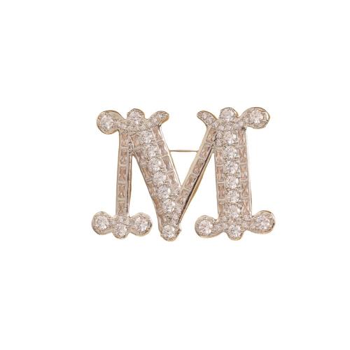 Brass Brooch, Letter M, platinum color plated, micro pave cubic zirconia & for woman, 38x54x4mm, Sold By PC