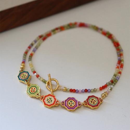 Brass Necklace, with Gemstone, Flower, gold color plated, for woman & enamel, Length:Approx 17.7 Inch, Sold By PC