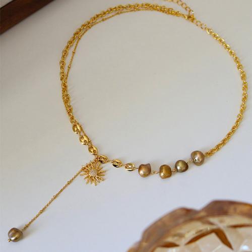 Brass Necklace with Freshwater Pearl with 2inch extender chain Sun gold color plated fashion jewelry & for woman Length Approx 16.3 Inch Sold By PC