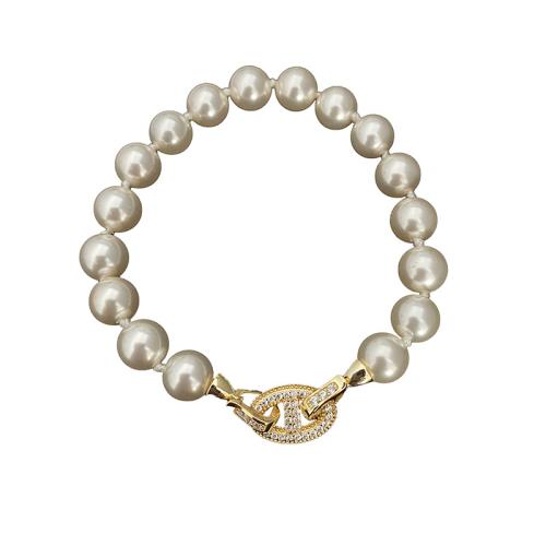 Glass Pearl Bracelet, with Brass, handmade, ball chain & for woman & with rhinestone, more colors for choice, Length:Approx 7 Inch, Sold By PC