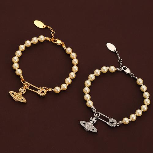 Brass Bracelet, with Glass Pearl, with 0.8inch extender chain, plated, micro pave cubic zirconia & for woman, more colors for choice, Length:Approx 7 Inch, Sold By PC