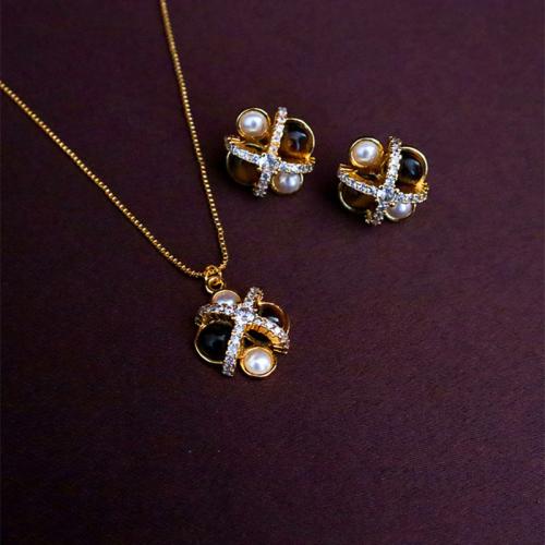Brass Jewelry Set with Shell Pearl & Tiger Eye Geometrical Pattern gold color plated & micro pave cubic zirconia & for woman Sold By PC