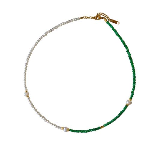 Natural Stone Necklace, with Freshwater Pearl & Brass, with 2.36inch extender chain, gold color plated, fashion jewelry & for woman, Length:Approx 16.7 Inch, Sold By PC