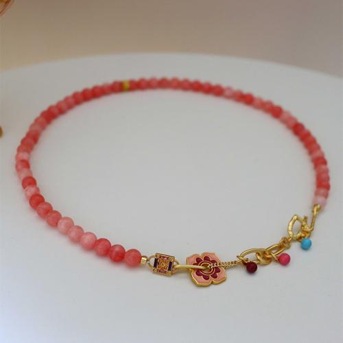 Natural Stone Necklace with Brass Flower handmade fashion jewelry & for woman & enamel Length Approx 17.5 Inch Sold By PC