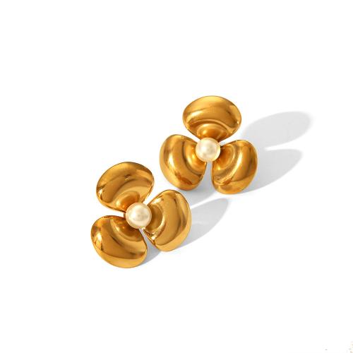 Stainless Steel Stud Earrings 304 Stainless Steel with Plastic Pearl Flower fashion jewelry & for woman Sold By Pair