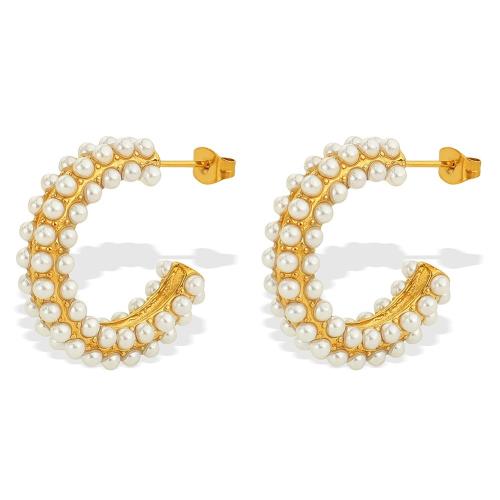 Stainless Steel Stud Earrings 304 Stainless Steel with Plastic Pearl fashion jewelry & for woman golden Sold By Pair