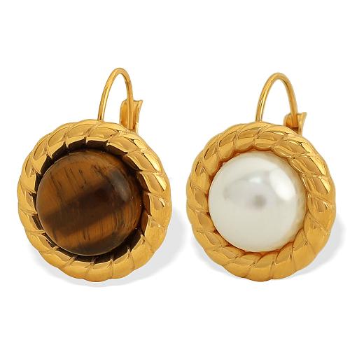 Stainless Steel Lever Back Earring, 304 Stainless Steel, with Tiger Eye & Plastic Pearl, fashion jewelry & for woman, golden, 18.80x18.80mm, Sold By Pair