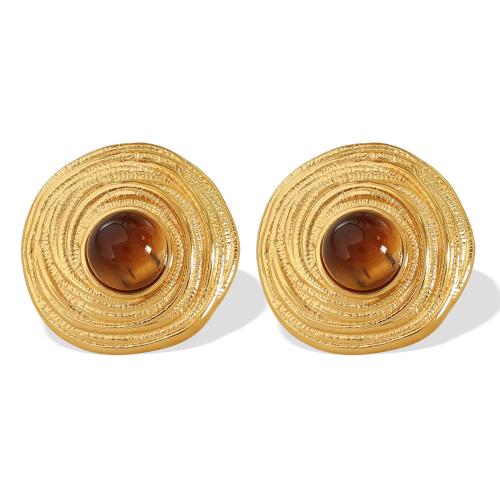 Stainless Steel Stud Earrings, 304 Stainless Steel, with Tiger Eye, fashion jewelry & for woman, golden, 22.80x23.20mm, Sold By Pair