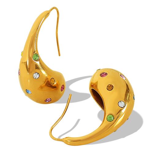 Boucle d'oreille de gaujon en acier inoxydable, Acier inoxydable 304, Plaqué or 18K, bijoux de mode & pour femme & avec strass, doré, 32x14mm, Vendu par paire