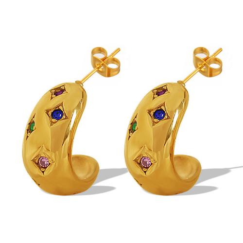 Boucle d'oreille de gaujon en acier inoxydable, Acier inoxydable 304, bijoux de mode & pour femme & avec strass, doré, 17x13.50mm, Vendu par paire