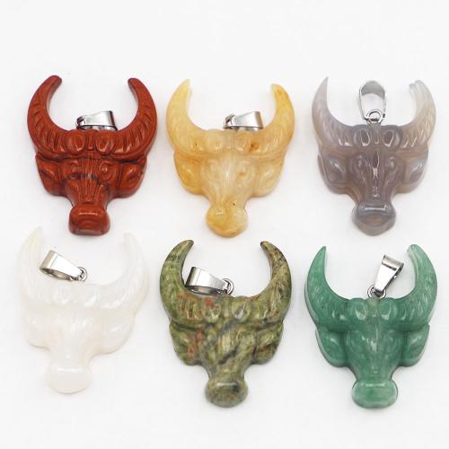 Gemstone Pendants Jewelry Natural Stone with Iron & 304 Stainless Steel Bull Carved DIY Sold By PC