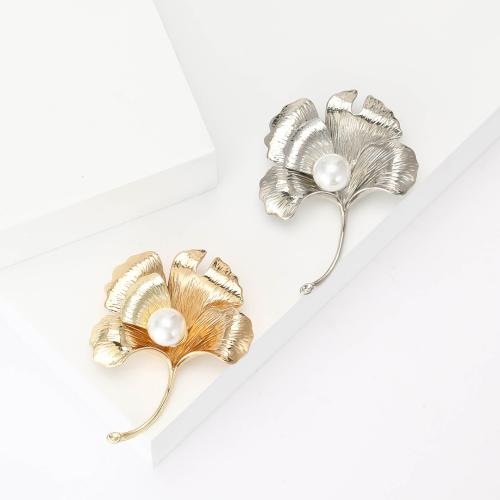 Tibetan Style Brooches, with Plastic Pearl, Ginkgo Leaf, plated, for woman, more colors for choice, nickel, lead & cadmium free, Sold By PC