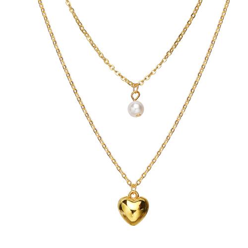 Collier de bijoux en alliage de zinc, avec perle de plastique, Double couche & bijoux de mode & pour femme, Or, Vendu par PC