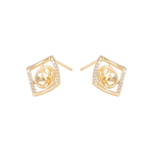Brass Earring Stud Component, real gold plated, DIY & micro pave cubic zirconia, golden, 13.30x13.30mm, Sold By Pair