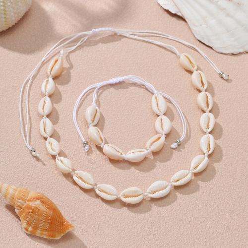 Shell Jewelry Sets, bracelet & necklace, with Wax Cord, handmade, 2 pieces & for woman, white, The necklace is about 40cm and the bracelet is about 16cm, Sold By Set