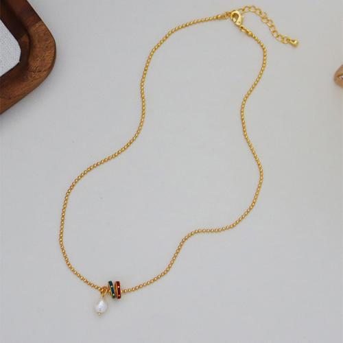 Brass Necklace with Freshwater Pearl with 1.6inch extender chain gold color plated for woman & enamel Length Approx 15.2 Inch Sold By PC