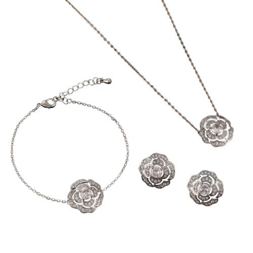 Brass Jewelry Set Flower silver color plated & micro pave cubic zirconia & for woman Sold By PC
