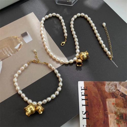 Freshwater Pearl Bracelet and Necklace, with Brass, Flower, gold color plated, different styles for choice & for woman, Sold By PC