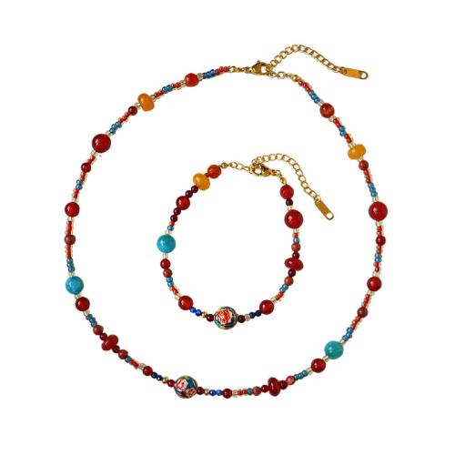 Natural Stone Bracelet and Necklace with Brass handmade & for woman multi-colored Sold By PC