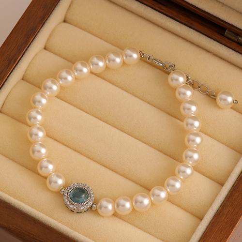Glass Pearl Bracelet, with Aquamarine & Brass, with 1inch extender chain, plated, micro pave cubic zirconia & for woman, Length:Approx 6.5 Inch, Sold By PC
