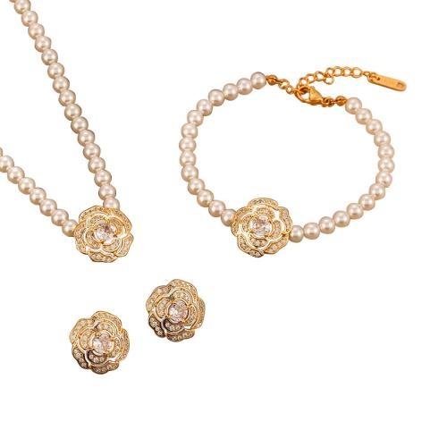 laiton parure de bijoux, avec perle de verre, fleur, Placage de couleur d'or, styles différents pour le choix & pavé de micro zircon & pour femme, Vendu par PC